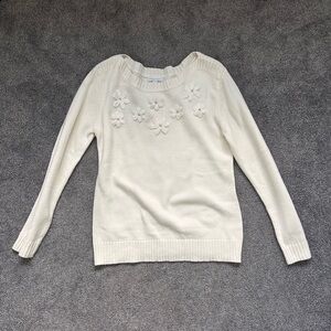 New York & Company Sweater Women's Medium Knit Embellished Flowers White Large